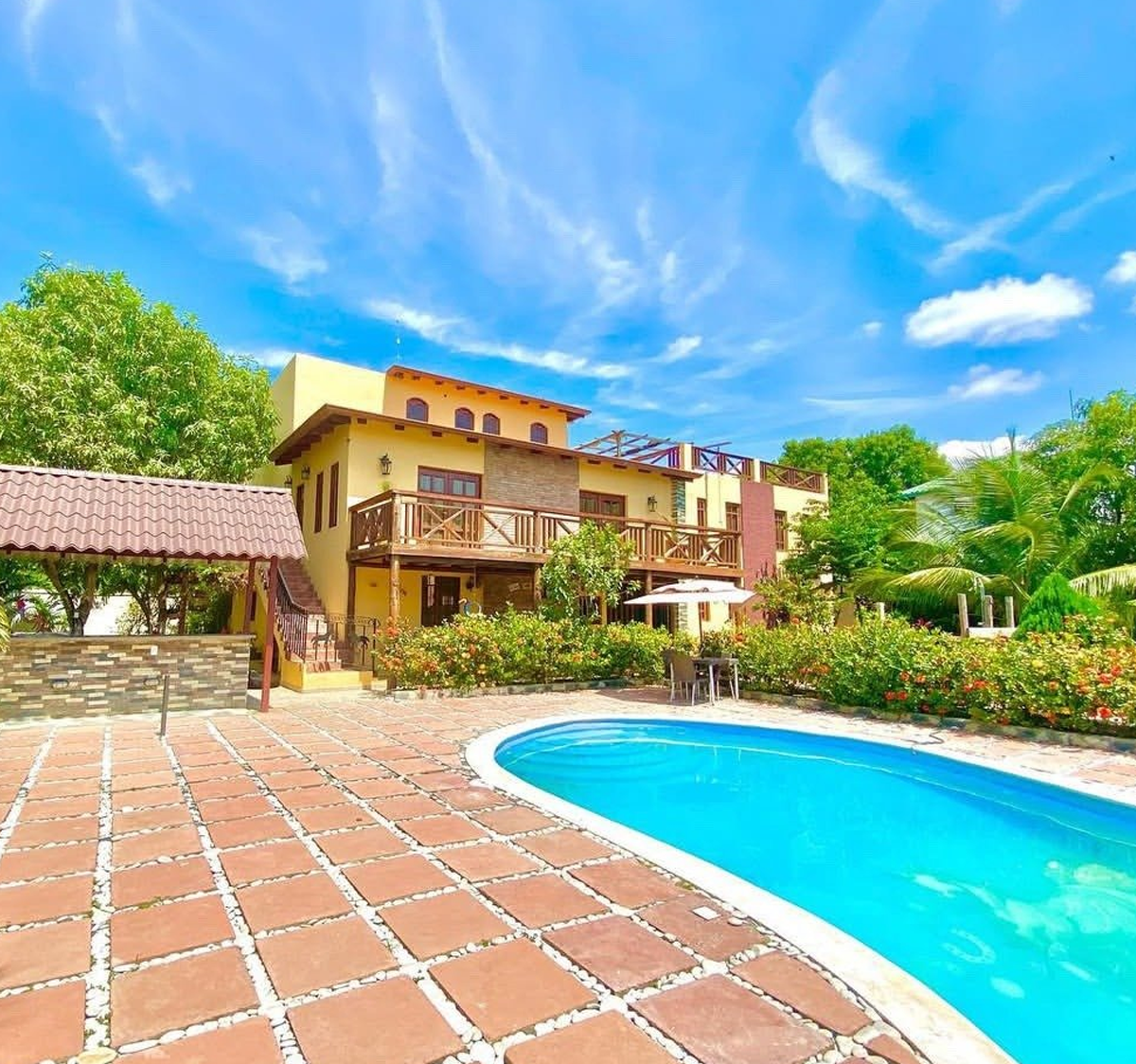 Aerial shot of Rancho DM Horse Club two story structure with pool