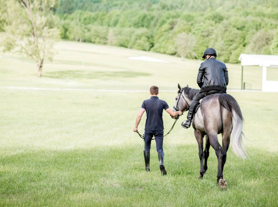 Instructor leading a horse through a green meadow during a horseback riding lesson with a young rider